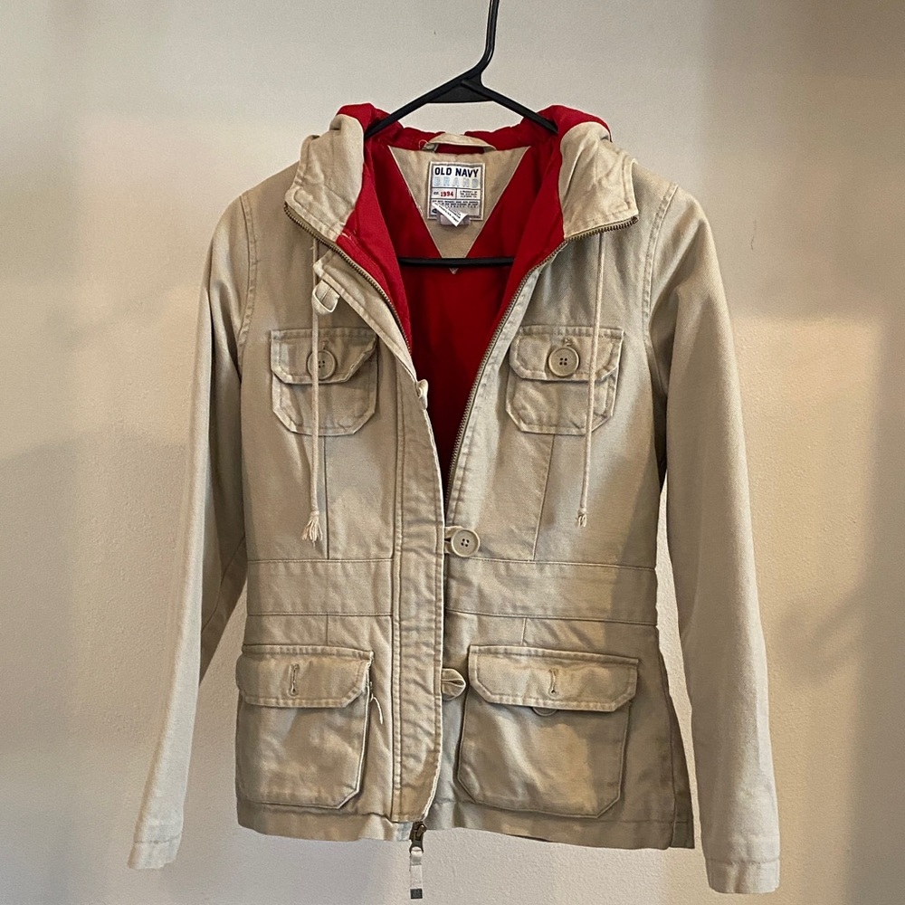 Old Navy Tan Utility Jacket with Red Hood